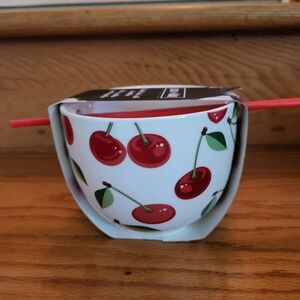 Coco+Lola Cherries Noodle Bowl Small Ceramic With Chopsticks New